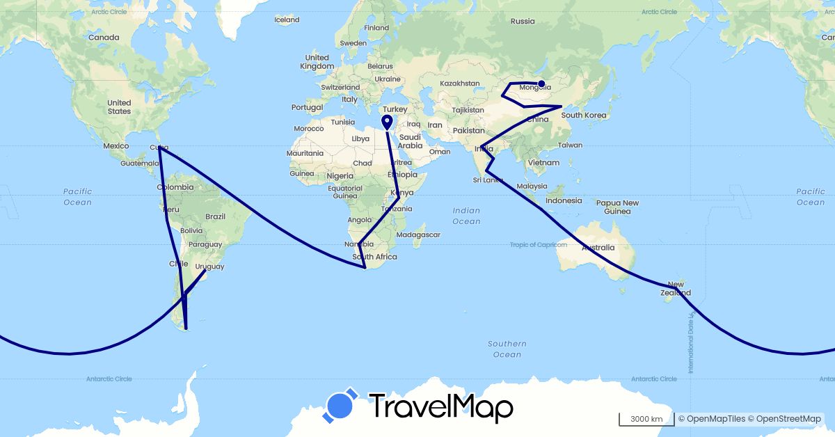TravelMap itinerary: driving in Argentina, Chile, China, Cuba, Indonesia, India, Kenya, Mongolia, Namibia, Nepal, New Zealand, Peru (Africa, Asia, North America, Oceania, South America)